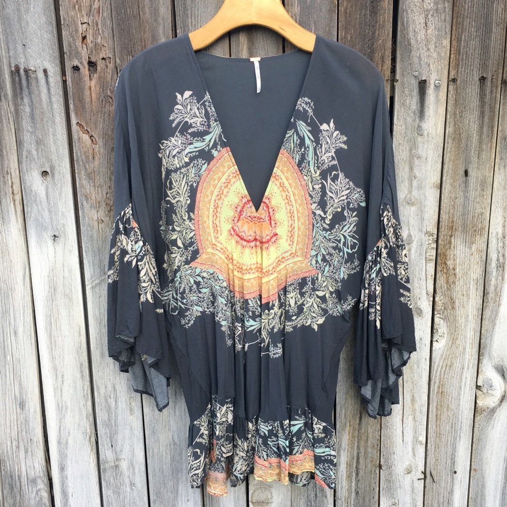 Free People Sunset Dreams Bell Sleeve Tunic Black Combo M